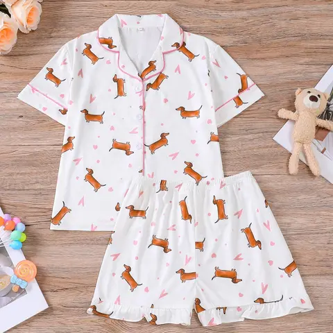 Cartoon Dog Print Top & Shorts Pajama, Casual Comfy Short Sleeve Lapel Neck Top & Shorts PJ Set, Kids Sleepwear for Summer, Cartoon Pattern Pajamas