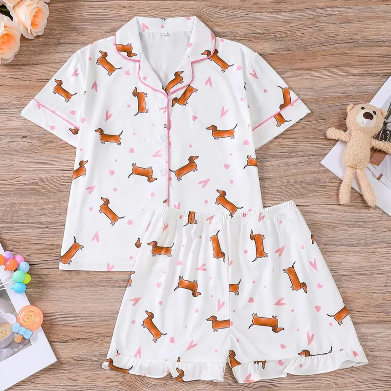 Cartoon Dog Print Top & Shorts Pajama, Casual Comfy Short Sleeve Lapel Neck Top & Shorts PJ Set, Kids Sleepwear for Summer, Cartoon Pattern Pajamas