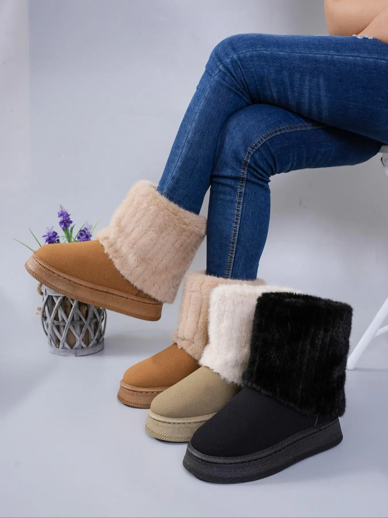 Women's Fashionable Warm Fluffy Snow Boots, Casual Comfortable Ankle Boots for Fall & Winter, Female All-match Round Toe Shoes for Daily Wear