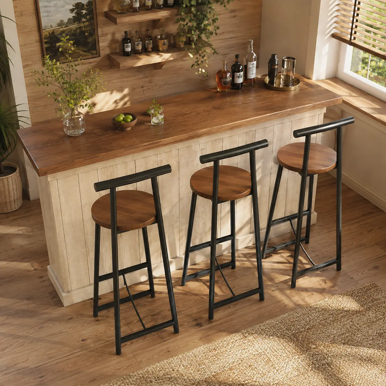 Three Piece Counter Height Bar Stool Set with Backrests Armless Dining Chairs for Kitchen Island Black and Walnut Brown