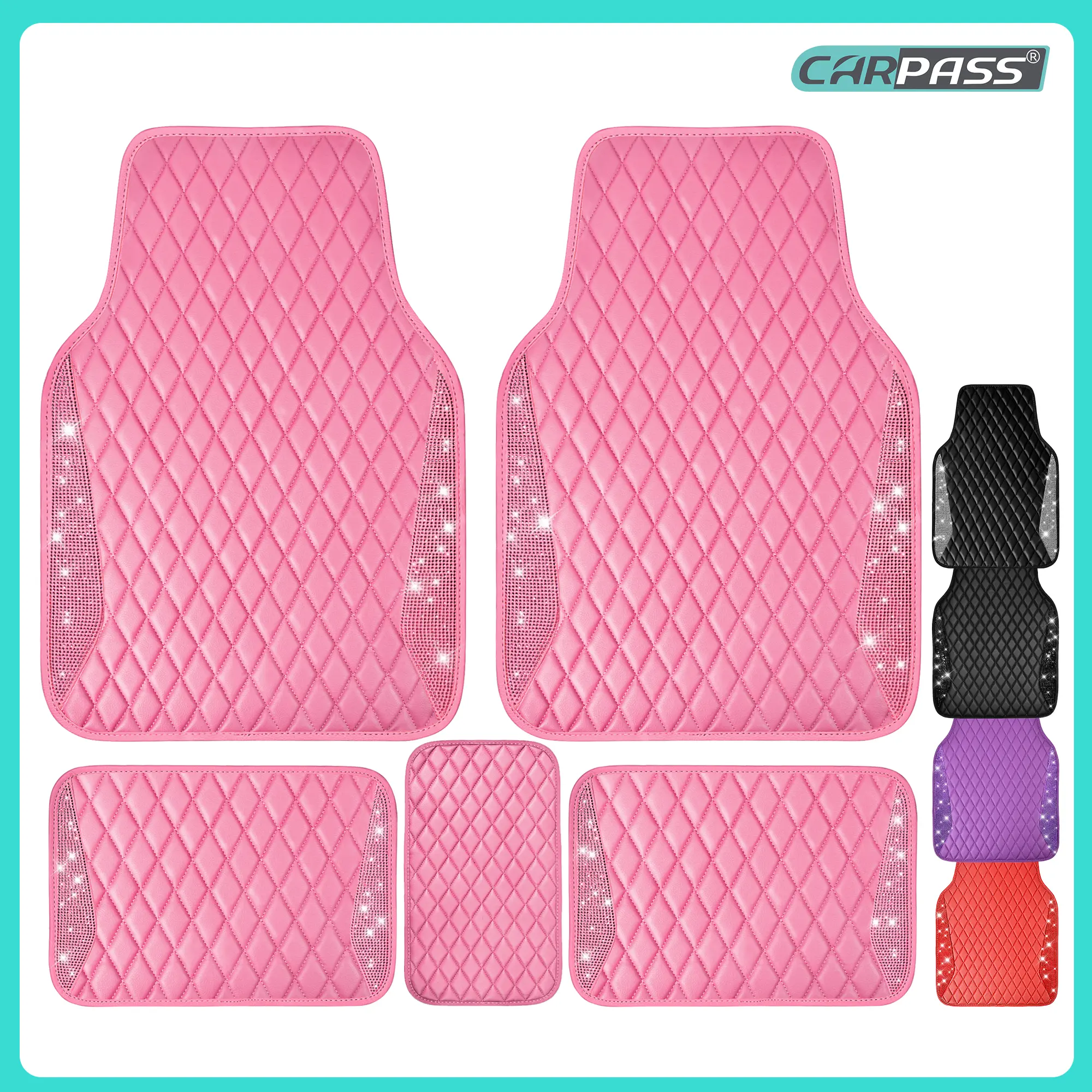 CAR PASS 5pcs Pink Bling Leather Car Mats Shining Diamond Rhinestones Sparkly Anti-Slip Waterproof Universal Fit Automotive SUV,Sedan,Van,Girl Women