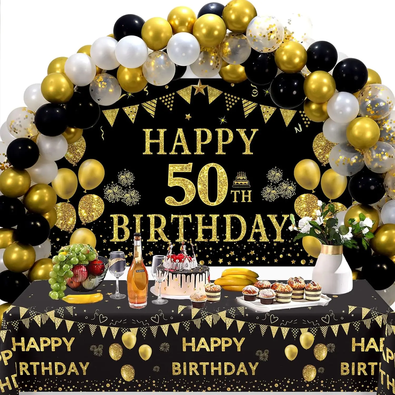 50th Birthday Decorations Arch Kit for Men Women - Black Gold Happy 50th Birthday Backdrop Banner, 2 Pcs Happy Birthday Tablecloth, 60 Pc Latex Confetti Balloons, 50 Years Old Birthday Party Supplies