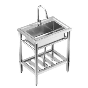 【GARVEE】Stainless Steel Freestanding Utility and Kitchen Sink with Single Bowl, Adjustable Legs, Storage Shelf, Hot & Cold Hoses, and Optional Faucet for Commercial, Laundry, and Workshop Use