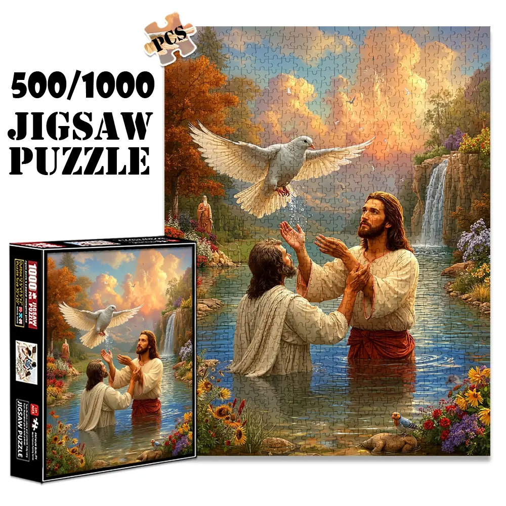 1pc 1000 piece adult puzzle 70x50cm Baptism Scene with Dove and Two Figures by Waterfall 500 pieces of paper jigsaw puzzle, suitable for adults and families, large-scale DIY puzzle interactive toy, Creative Puzzle, Family Puzzle