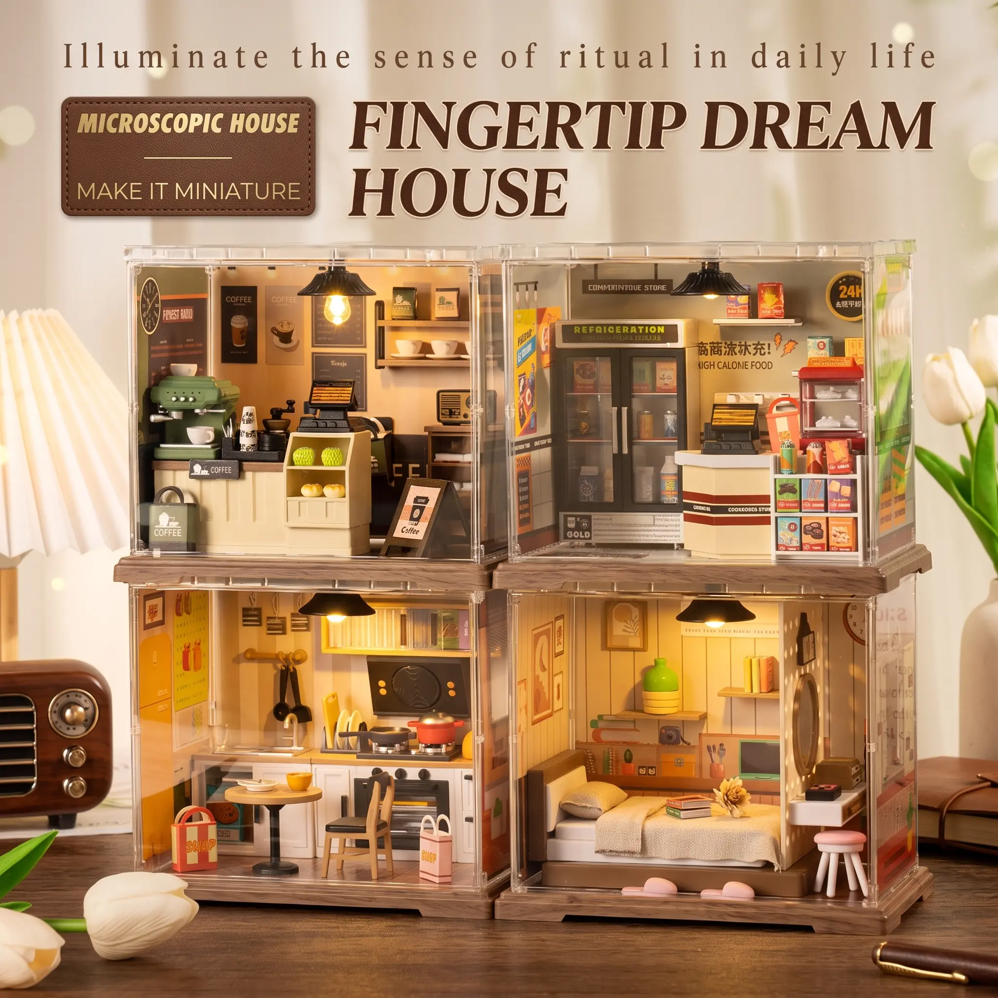 Mini Building Block Set - DIY Plastic Miniature House Kit with Cafe, Kitchen Scenes, Collectible Toy, Desk Decor Gift for Teens 14+ & Adults