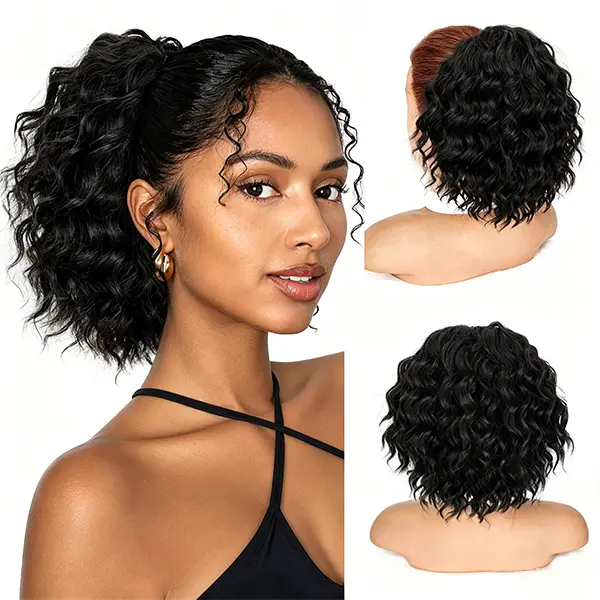 Black Women's 8-Inch Fluffy Curly Drawstring Ponytail Extension, Synthetic Wavy Clip Hairpiece for Lazy Girl Styling, Gym, Quick DIY Extensions & Ponytail Hairstyles (Thin Hair, Weddings, Travel), Clip Hair Extensions