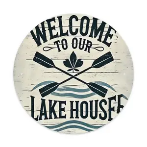 1-Pack Iron Foil Engraving Welcome Sign - Rustic Wreath Lake House Wall Decor Circular Metal Plaque - Nautical Rowing Oars Design - For Home Porch, Front Door, Bathroom, Indoor & Outdoor Use - Perfect