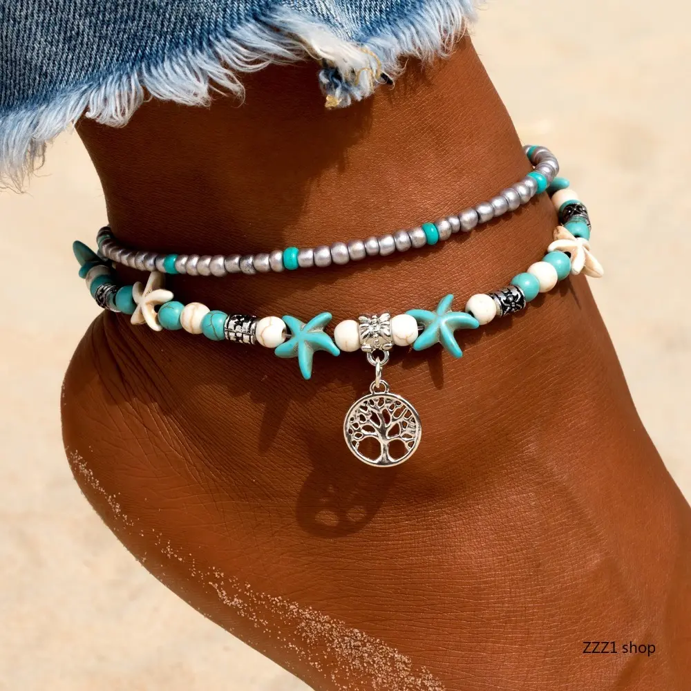 Boho Layered Starfish Beaded Anklet Set for Women, Trendy Turquoise Foot Jewelry, Aesthetic Hollow Tree of Life Pendant Elastic Seed Bead Strand for Summer Beach Vacation