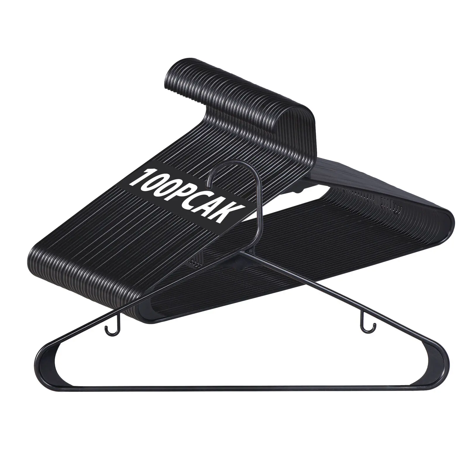 100-Pack Slim Black Plastic Hangers, Sturdy Standard-Size Home Organizer with Reinforced Edges, Smooth Finish, Built-In Rounded Hooks, Bulk Pack Space-Saving Hanging Clothes Organizer for Dresses, Shirts, Kids