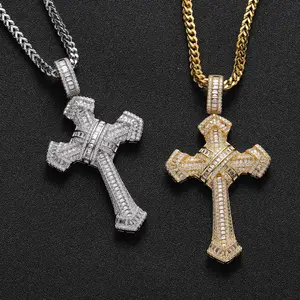 Crown & Cross Necklace with Plain Chain, Artificial Zircon Decor, Matching Dainty Rhinestone Pendant for Women & Men, Fashion Jewellery Elegant Cuban Link Design
