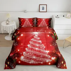Feelyou Santa Tree Theme Christmas Comforter Set - Luxury Bedding Set with Red Quilt and Xmas Bell Accents
