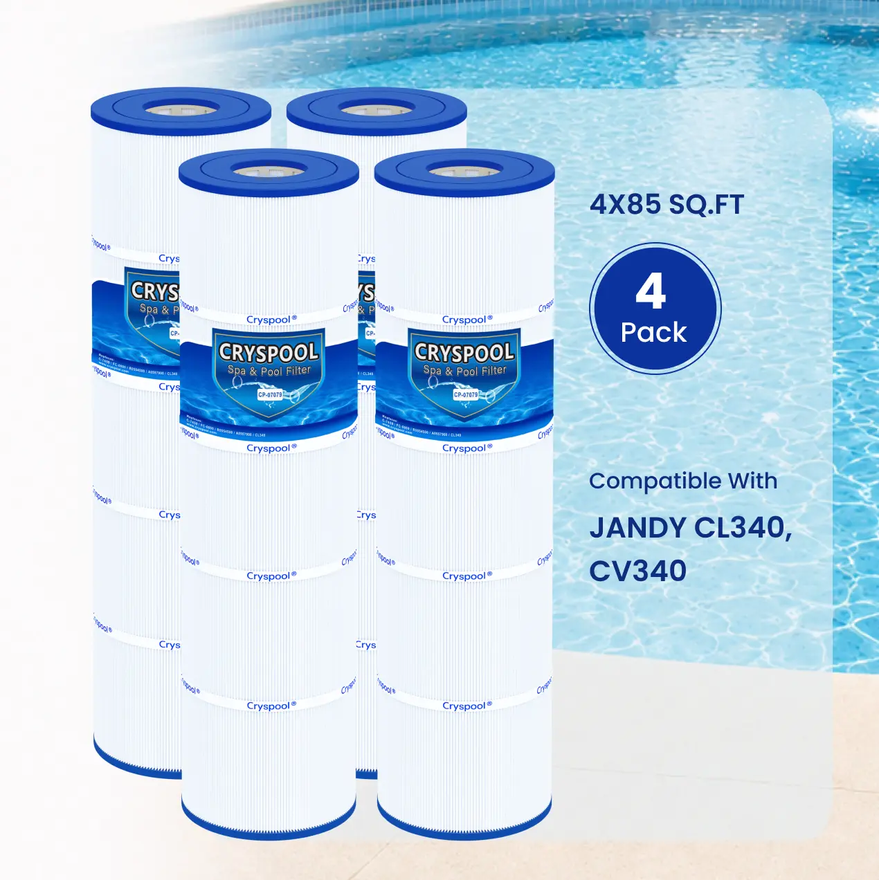 CL340,Compatible filter for Jandy CL340, CV340, Replace R0554500, A0557900, Pleatco PJAN85, Unicel C-7459, Filbur FC-0800, Cryspool 4×85 Sq. Ft Pool Filter Cartridge, 4 Pack, Polyester, Outdoor Pool Accessories