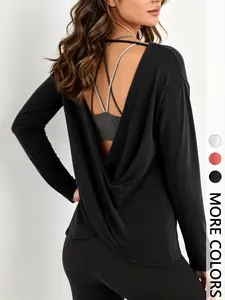 1 Women's Long Sleeve Open Back Activewear Top | Criss Cross Back Yoga Blouse | Minimalist Casual Daily Wear | Sporty Athleisure Gym Loungewear Wear