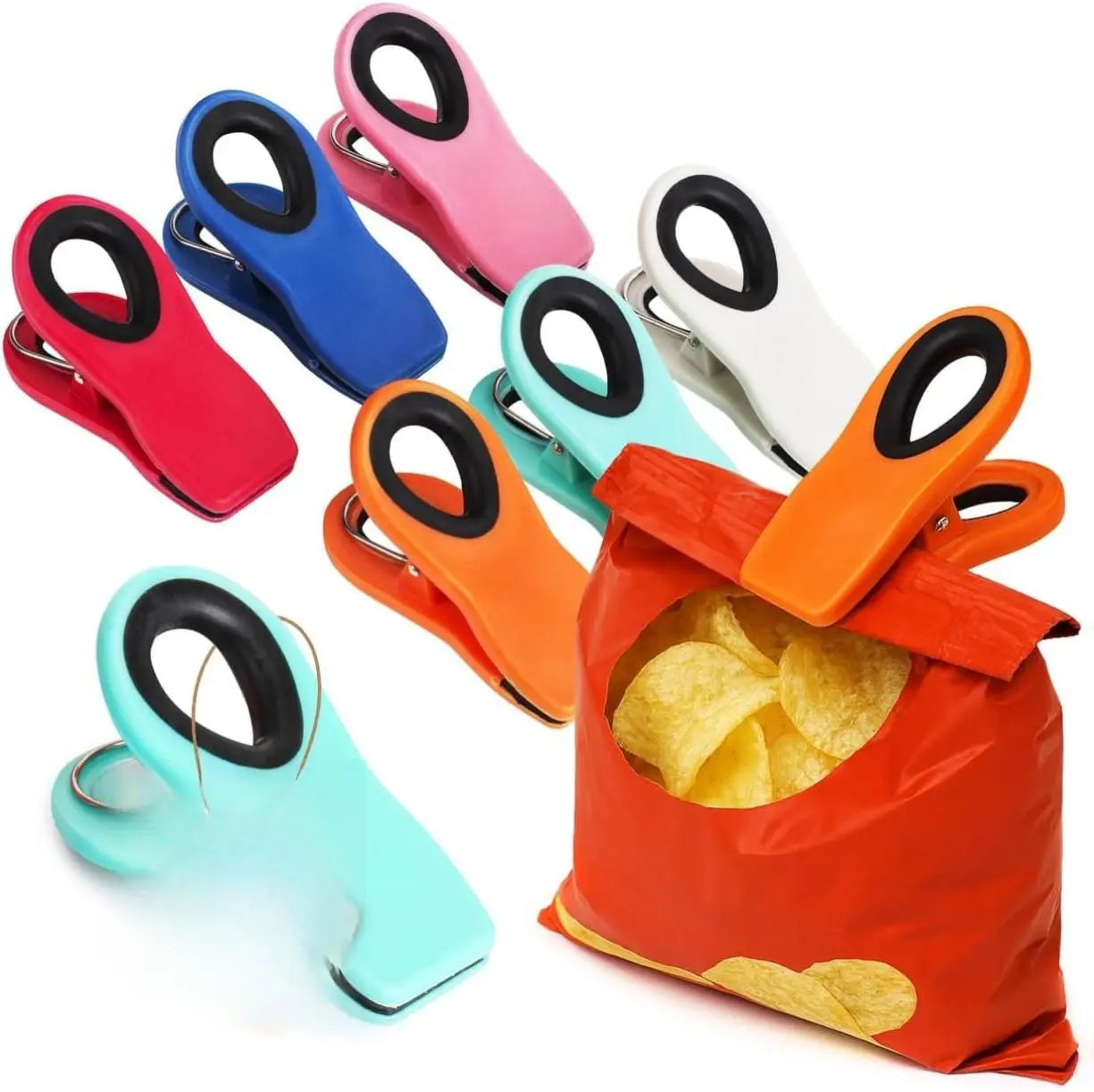 Kitchen Utensils 6-Pack Durable Stainless Steel Magnetic Chip Clips - Magnetic Item, Home Supplies for Fridge Notes, Keeping Bags Closed (Premium Material Build)