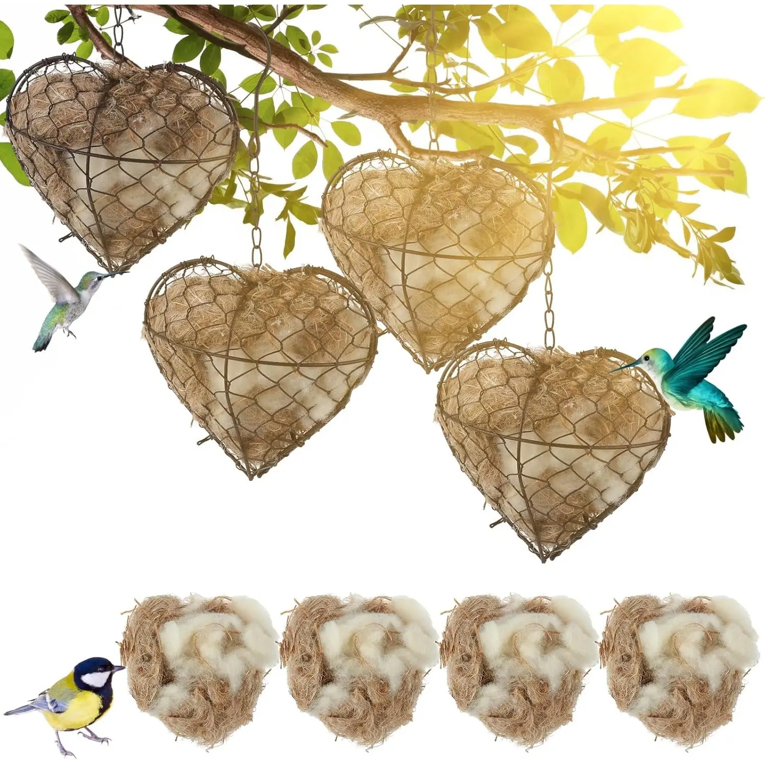 1pc Handmade Bird Nesting Material Heart, Refillable Natural Fiber Nesting Holder for Wild Birds, Hummingbird Nest Builder for Outdoor Garden Patio Decor, Gift for Bird Lovers