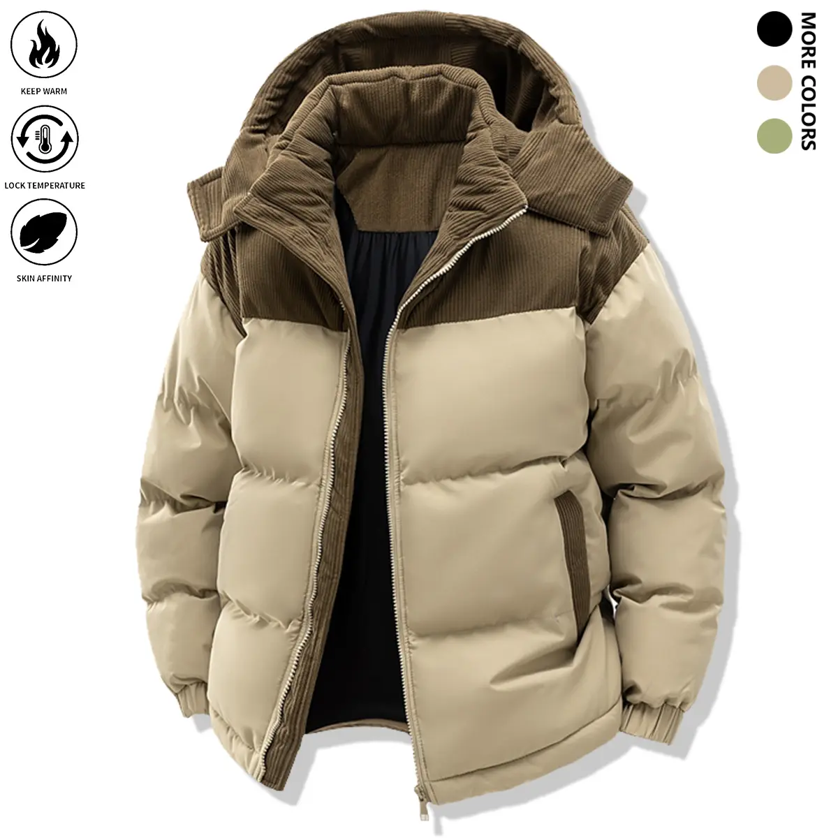 Men's Minimalist Casual Hooded Down Jacket - Polyester Filled, Velvet Cotton Fabric, Winter Color Block, Long-Sleeve, Detachable Cap, Warm Overcoat, Pockets, Pull-On Style, Adult Athletic Menswear Top for Party, Easter