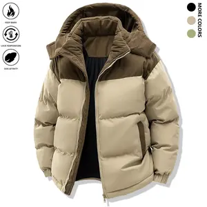 Men's Casual Hooded Down Jacket, Polyester Fiber Filling, Winter Color Block Design, Long Sleeve with Detachable Cap, Warm Coat, Overcoat, Velvet Cotton Jacket with Pockets and Removable Cap