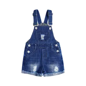 12M-14T Girls Denim Shorts, Ripped Raw Edge Hem Soft Jeans, Summer Shortalls With Adjustable Straps