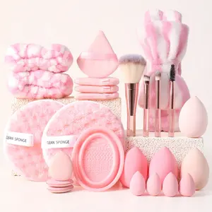 25PCS Makeup Tools Set: 8 Makeup Sponges, 4 Triangle Powder Puffs, 3 Mini Air Cushion Puffs, 2 Facial Cleansing Sponges, 1 Hairband, 2 Waterproof Hand Bowl Straps, 1 Makeup Brush Cleaner, 4 Makeup Brushes, Cosmetic