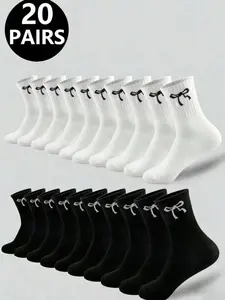 Unisex Mid-Calf Stocking Set, Plain Casual Socks, Classic Bow Pattern, Breathable Moisture-Wicking, Comfort Soft Non-Slip, Daily Wear