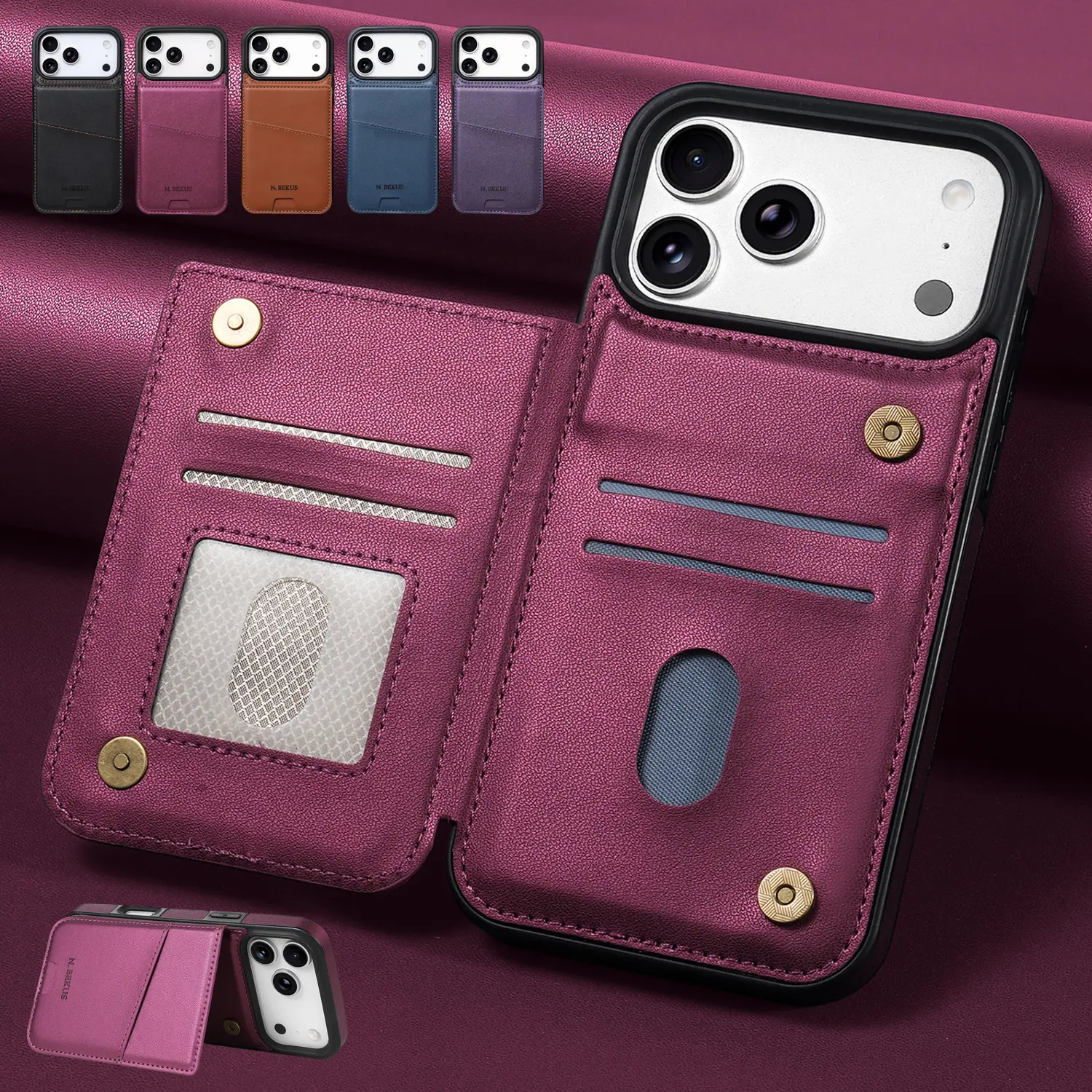 RFID Blocking Magnetic Flip PU Leather Wallet Case for iPhone 17/16/15/14/13/12 Pro Max, Dual Magnet Card Holder Shockproof Cover