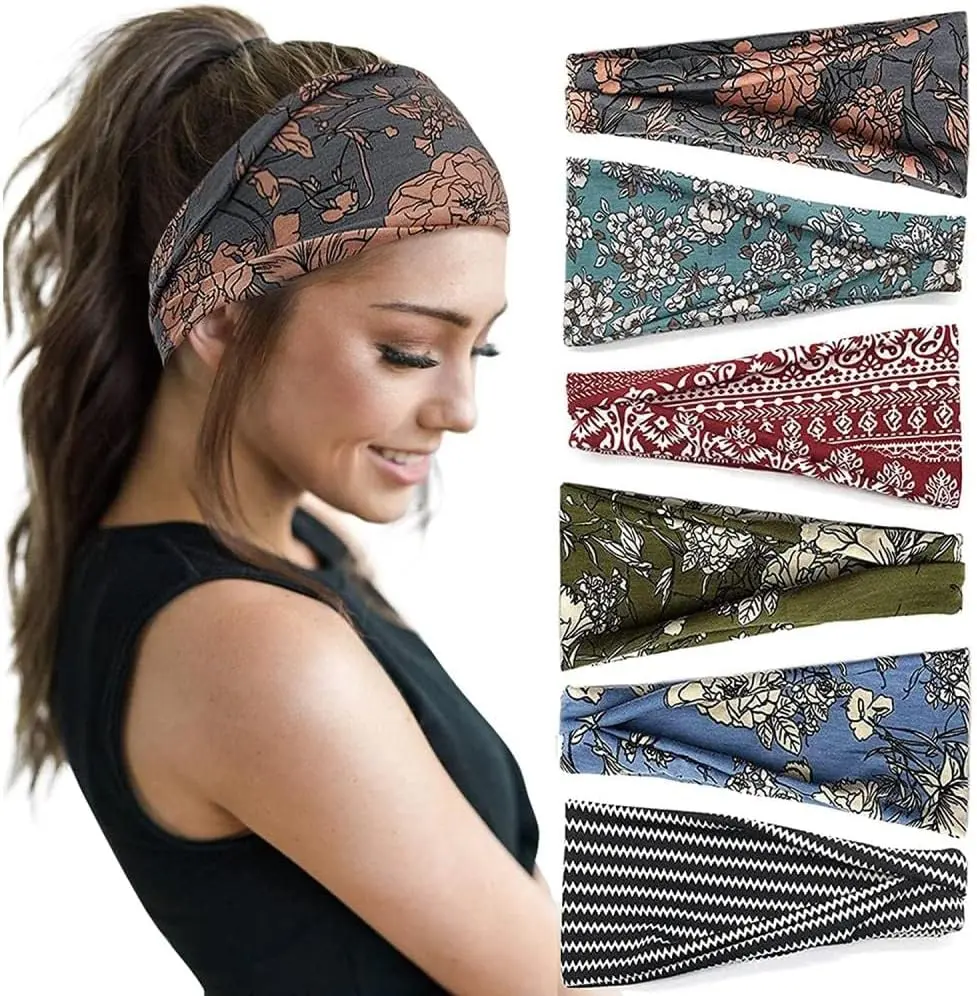Boho Headbands for Women,Cute Fashion Wide Headband Stretch No Slip Hair Wraps Floral Workout Head Wraps Sport Travel Elastic Sweatbands Yoga Head Bands for Girls Hair Accessories Band