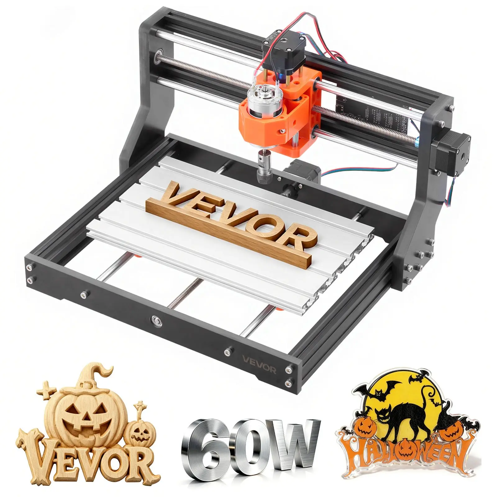 VEVOR CNC Machine - 60W Power Spindle (60W, 11700 RPM, AC 100-240V, 50/60Hz), 3-Axis, 32-Bit Control Board, 300x180x40mm (11.81x7.08x1.57in) Working Area, Aluminum Alloy Frame for Wood Acrylic Carving Cutting, 11,700 Rpm
