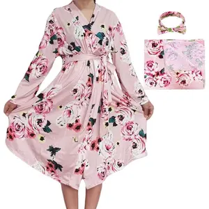 Maternity Robe and Matching Baby Swaddle Blanket Set, Mommy Robe with Receiving Blanket Girls Boys Sleepwear