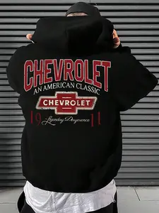 Men's Black Oversized Hoodie, Graphic Hoodies - Chevrolet Double Print (Front Small Logo/Back Large Graphic) + "An American Classic" Slogan, Vintage Car Style, Soft Fabric, Casual Design, For Chevy Fans
