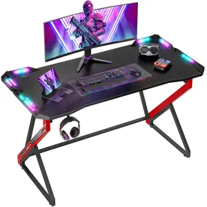 Small Gaming Desk with LED Lights, 40/47Inch Computer Desk for Home Small Space, Gaming Table with Carbon Fiber Surface, PC Gamer Desk for Kids Boys Men