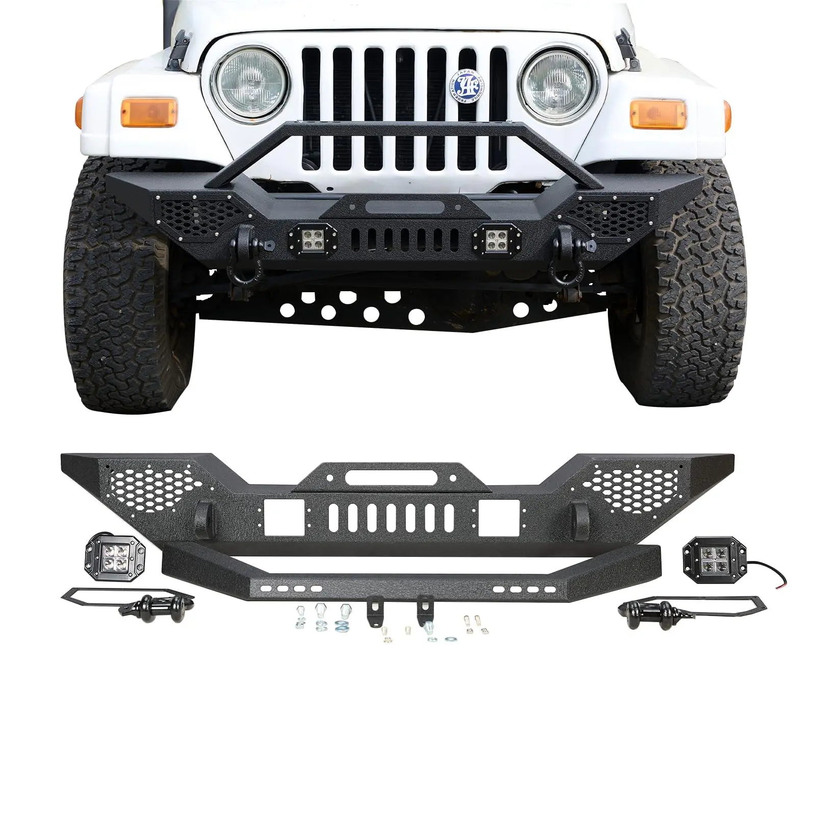 GARVEE Full Width Off-Road Rock Crawler Front Bumper, Compatible with 1997-2006 Wrangler TJ (2/4 Doors), Heavy-Duty Steel, Black, with 2 LED Lights