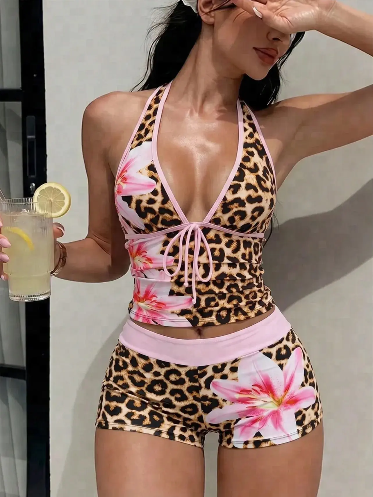 2 Piece Bikini Set Leopard Halter Colorblock Trim Slim Fit Beach Vacation Summer Outfit