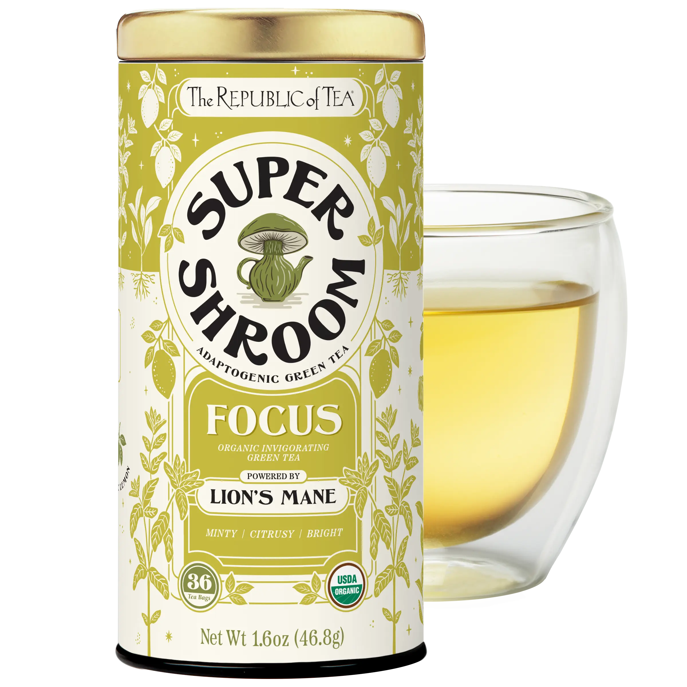 The Republic of Tea SuperShroom Focus Lion’s Mane Green Tea, Organic Peppermint and Lemon Blend, Naturally Caffeinated, Unbleached Tea Bags in Reusable Tin, 36 Count