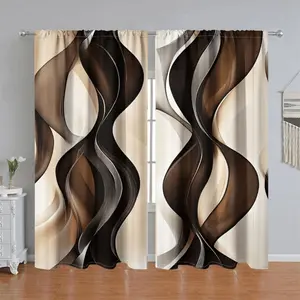 2Pcs Modern Abstract Swirl Pattern Curtains, Elegant Brown and Cream Wave Print Drapes, Rod Pocket Style Semi-Sunshade Window Panels for Living Room, Bedroom, Balcony, Kitchen, Study Shower Decoration, Home Decor Accessory, Sheer Printed Curtains