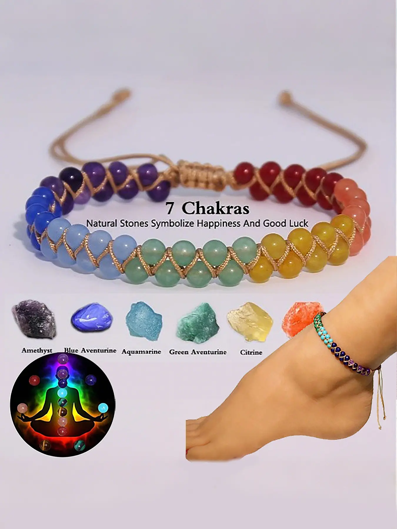 Natural Lapis Lazuli Crystal Anklet, Seven-Chakra Braided Anklet, Symbolic Jewelry Gift for Friends, Spiritual Happiness & Good Luck, High Quality Anklet, Ankle Bracelet