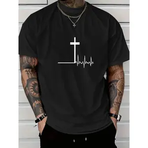 Manfinity Homme Men's Summer Casual Short Sleeve T-Shirt With Cross Print Round Neck, Christian Tshirts For Men, Christian Graphic Tees Men, Pink Graphic T Shirt Men, Cross T Shirt, Light Pink T Shirt For Man