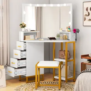 DWVO Vanity Desk with Lights, Corner Vanity with Power Outlet, Makeup Table Set with 4 Drawer, Stool, 3 Color Modes & Adjustable, Bedroom Furniture