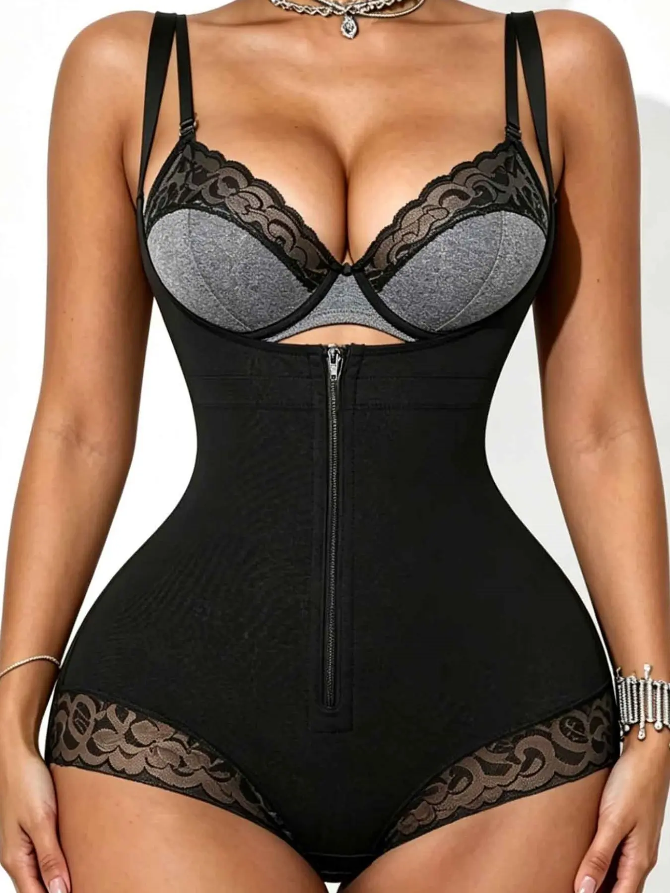 Women's High Waist Open Bust Bodysuit Shapewear, Colombian Style Fajas, Adjustable Zipper Shapewear, Tummy Control & Butt Lift Full Body Shaper, Zipper & Hook Eye Closure Compression Jumpsuit, Suitable For Daily & Outing, Body Shaping Underwear