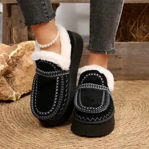 Embroidered Platform Slippers for Women Plush Lined Suede Slippers Casual Winter Indoor Outdoor Shoes