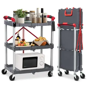 GARVEE 3 Tier Folding Utility Service Cart - 56lb/Tier Collapsible Cart with 360 Swivel Wheels, Ideal for Tools, Cleaning, Garage, Kitchen, Office, and More, Versatile Grey Folding Cart for Easy Transport.