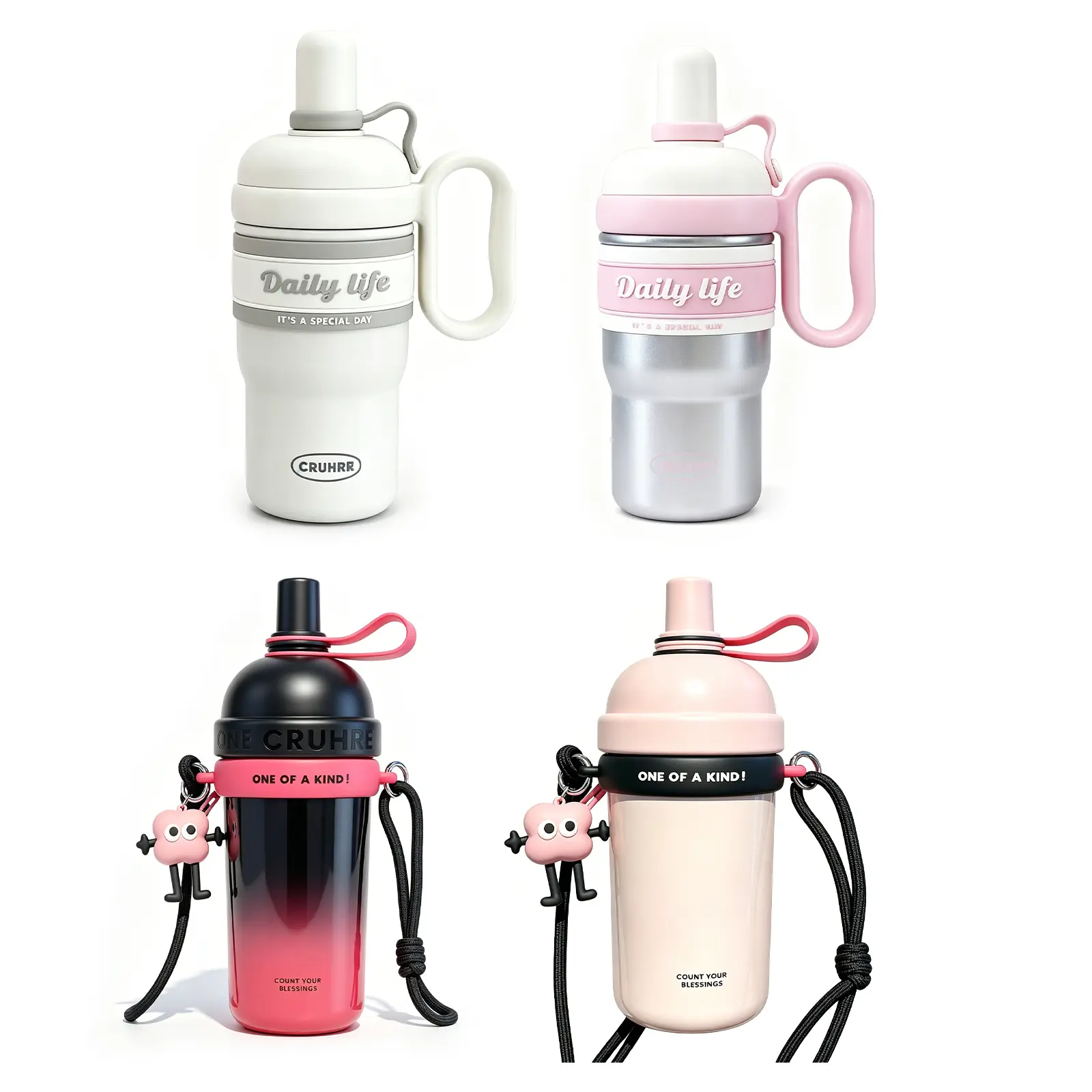 4Pcs Multi-Style Cute Insulated Tumbler Set, Stainless Steel Travel Mugs with Straws & Handles, Leak-Proof for Hot/Cold Coffee & Water