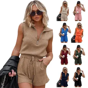 Imily Bela Women's Casual Sleeveless Short Rompers Summer Half Zip Lapel Collar Drawstring Knit One Piece Jumpsuit with Pockets Springtok SpringStatements