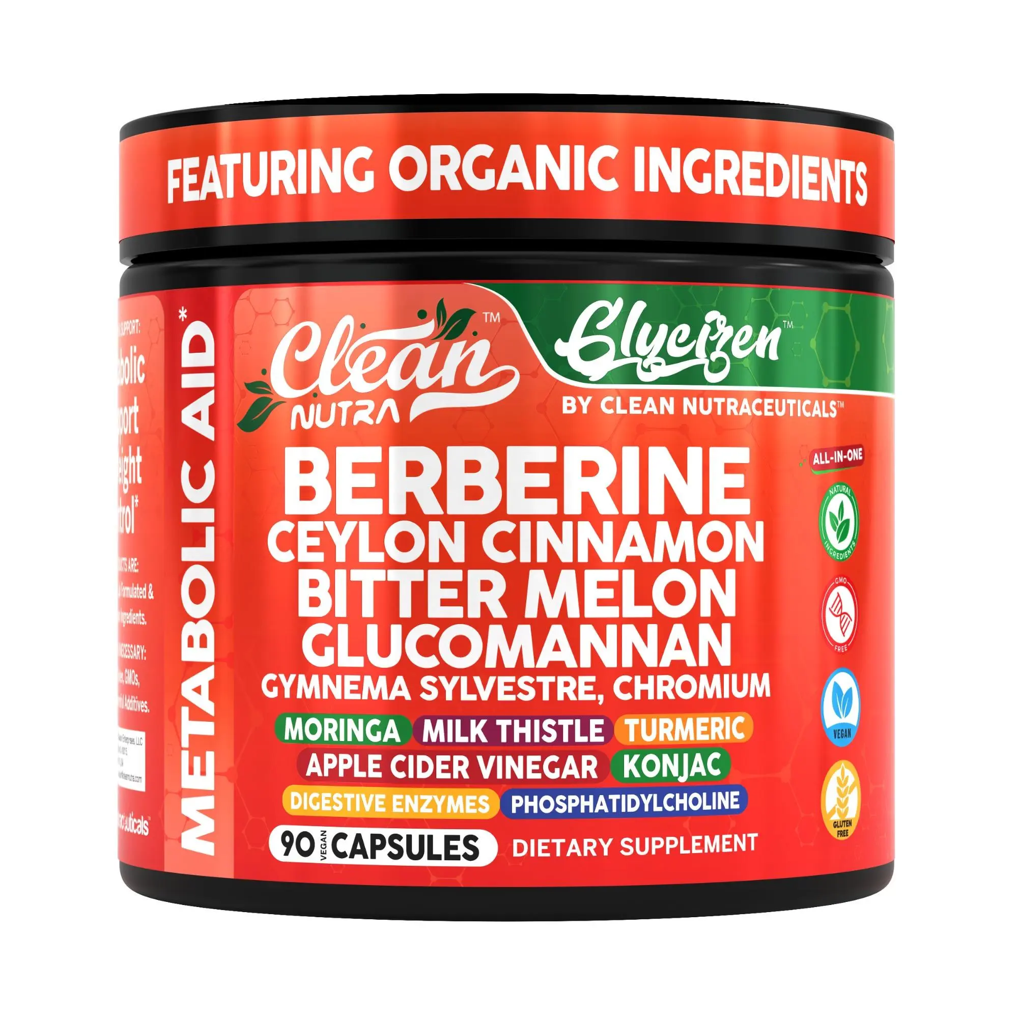 Clean Nutra Berberine, Ceylon Cinnamon, Bitter Melon & Glucomannan for Metabolic Support Optimum Fiber - Glycizen