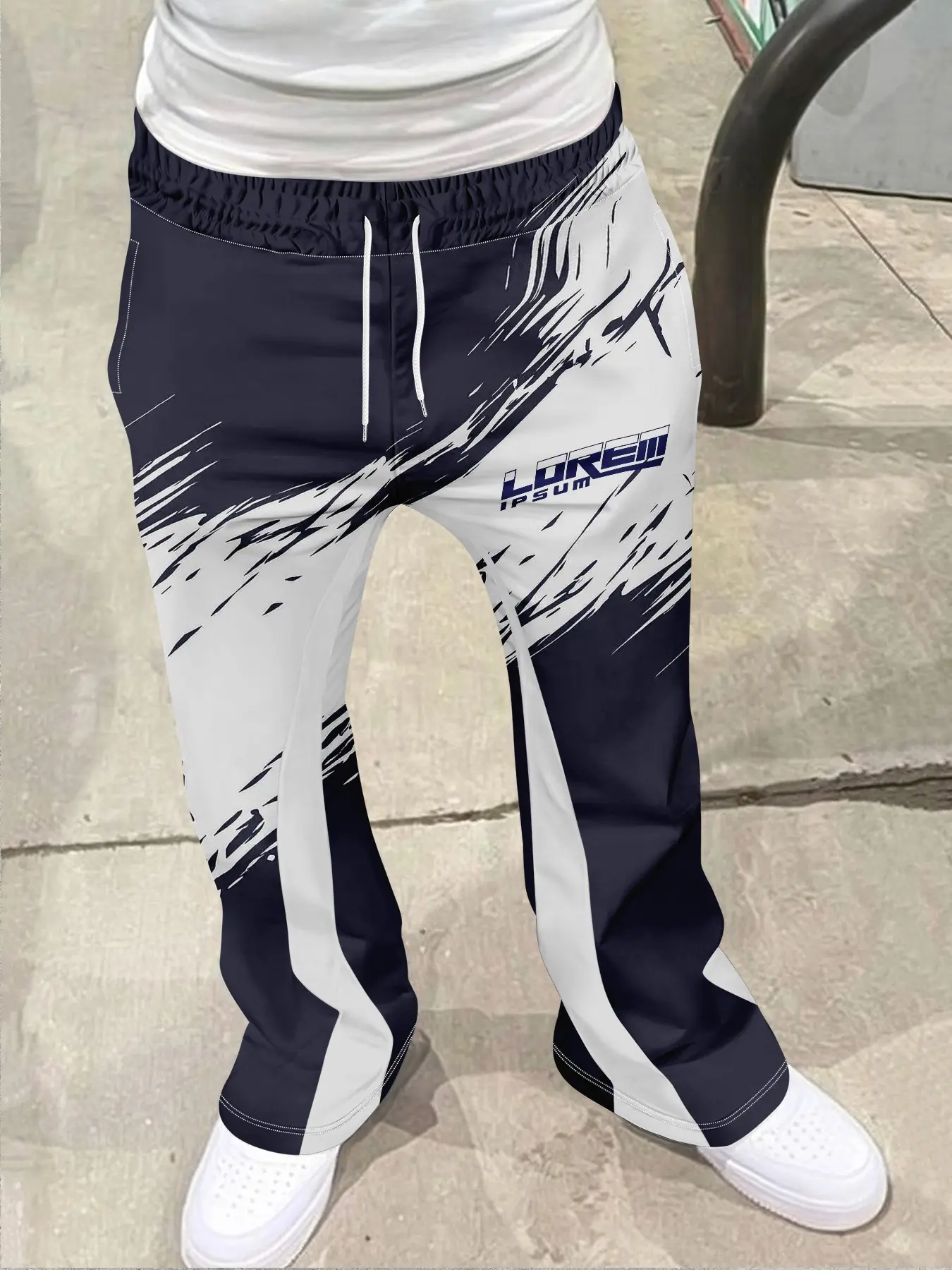 Men's Loose Fit 3D Hammer Graffiti Print Flared Pants, Casual Comfy Trouser, Casual Sporty Streetwear, Geometric Pattern, All Seasons, Fitted Style, Casual Streetwear Trousers, Casual Fashion Pants