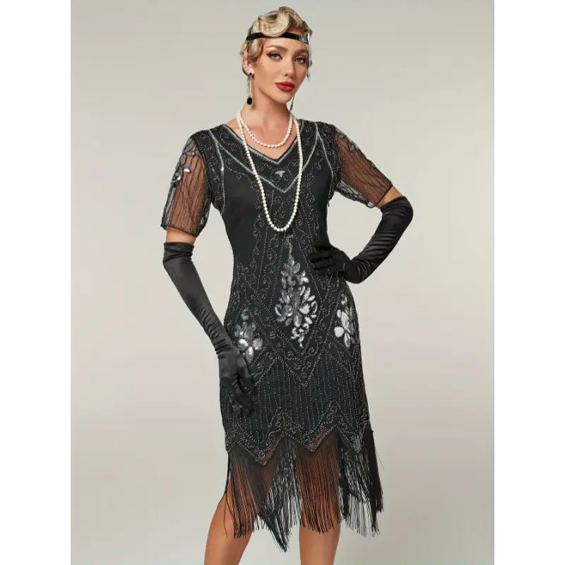 Women's 1920s Vintage Gatsby Beaded Elegant Flapper Dress - Polyester Fabric, V-Neck, Fringe Hem, Sequin Embellishments, Fitted Evening Gown for Cocktail, Formal Events (Dancewear), Clothes, Vintage Chic, Fitted Cut, Sequins, Embroidery, Vintage Flapper