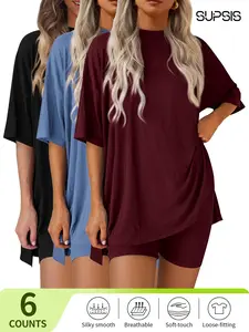 Women's Solid Color Tee & Skinny Shorts Loungewear Set, Fashion Casual Comfy Round Neck T-shirt & Shorts PJ Set, Ladies Sleepwear for Summer, Pajama, Soft Lounge Sets, comfyessentials, giftideas,summersale,pjs,nightwear,sleepwearfashion