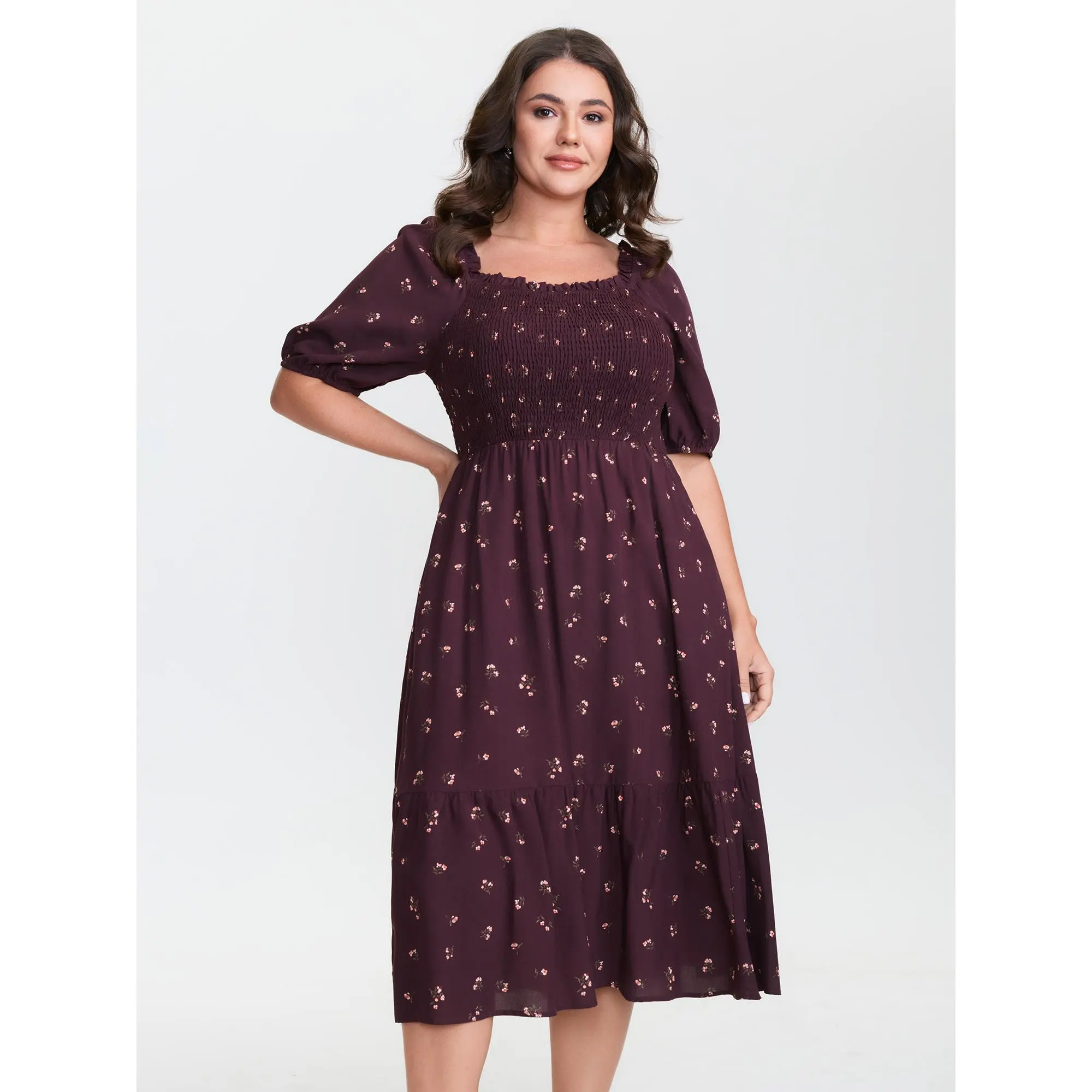 BloomChic Plus Size Casual Summer Dress, Burgundy Ditsy Floral Rayon Midi with Pockets, Square Neck, Lantern Sleeve, Smocked Bodice, Pull-On Close, Fabric, Plussize, Shortsleeve
