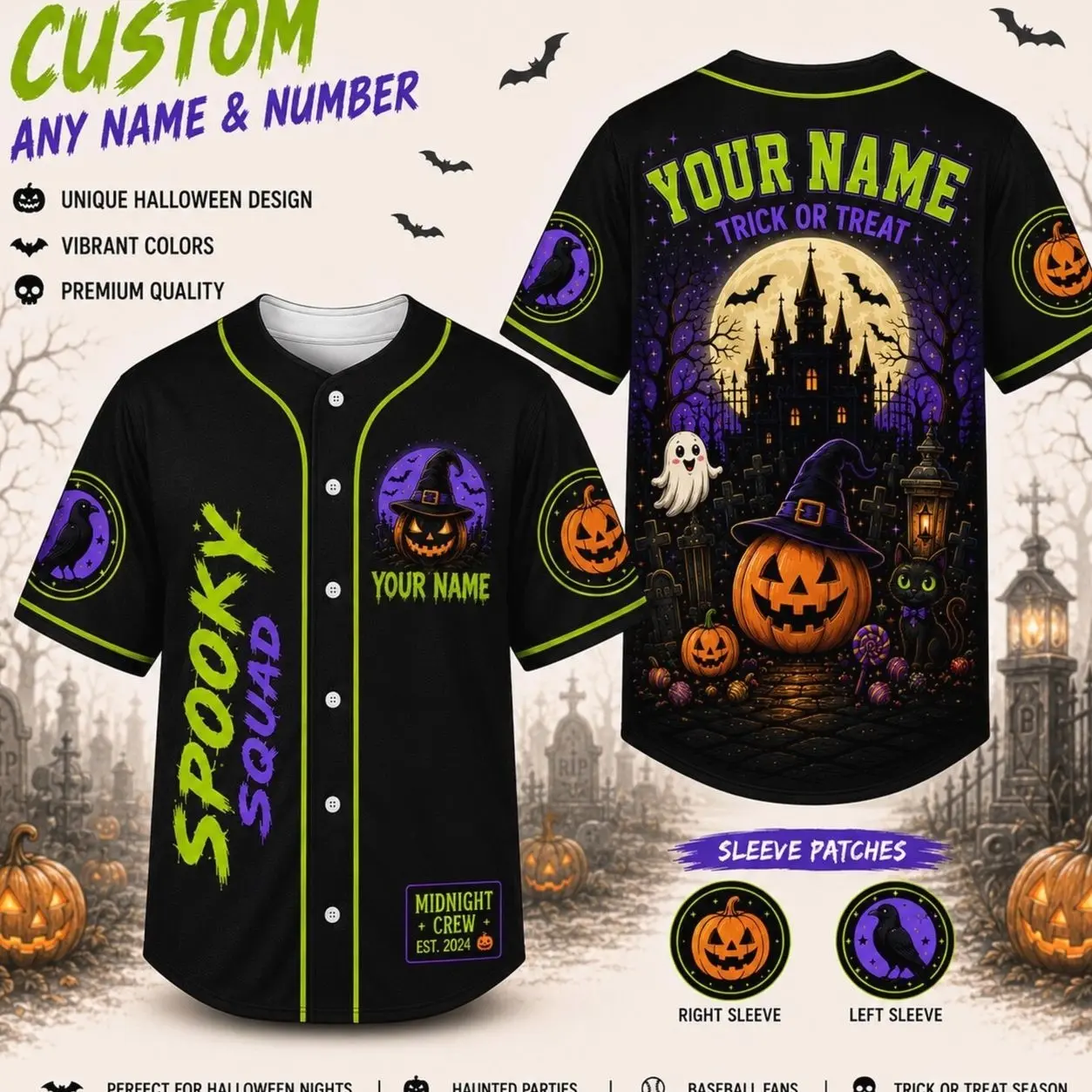 Personalized Halloween Baseball Jersey, Custom Name Number Jersey, Pumpkin Witch Baseball Shirt, Trick Or Treat Jersey, Halloween Team Gift