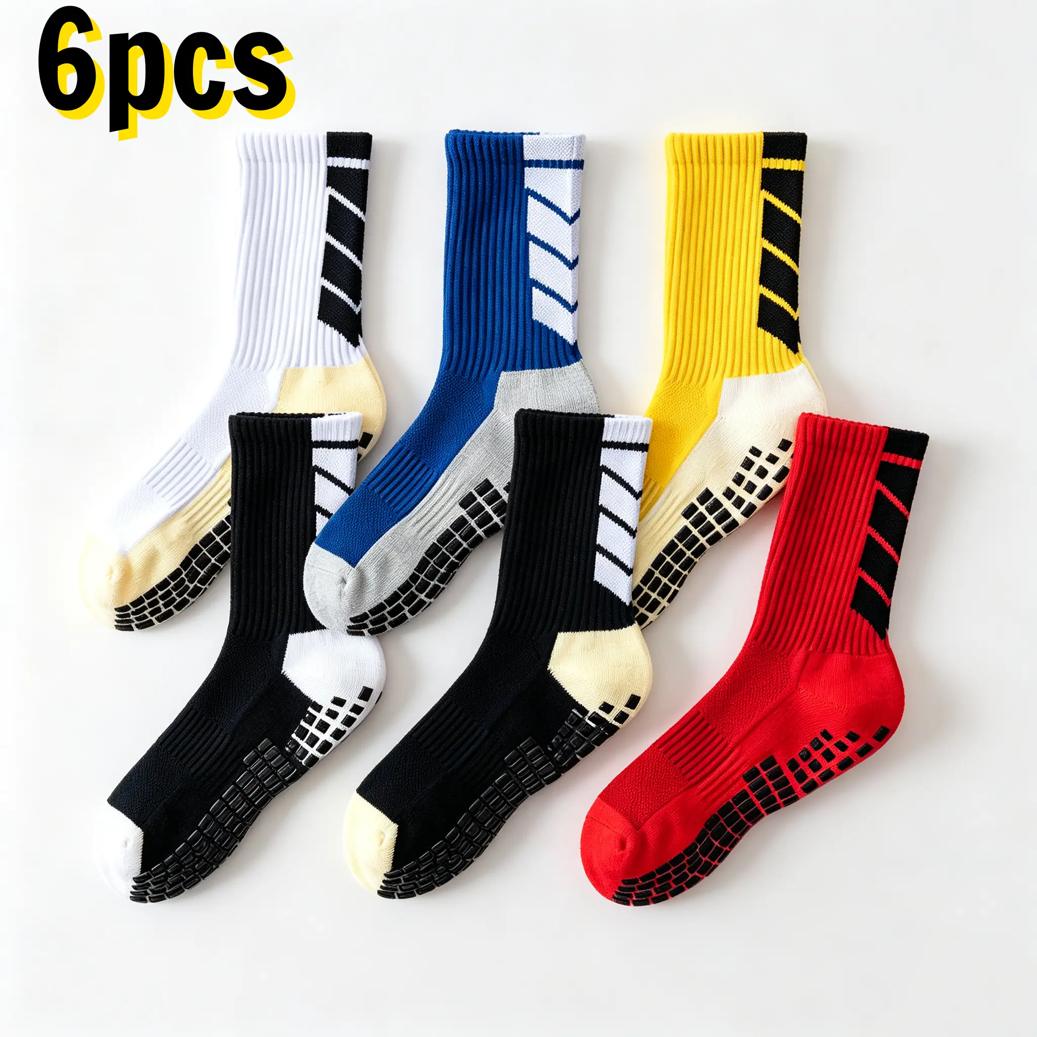 Men's 6-Pack Cushioned Terry Bottom Soccer Grip Socks - Polyester, Anti-Odor, Non-Slip Silicone Grip, Sweat-Wicking, Quick-Dry Thin Athletic Crew Socks for Football/Running, Cold Wash Compatible