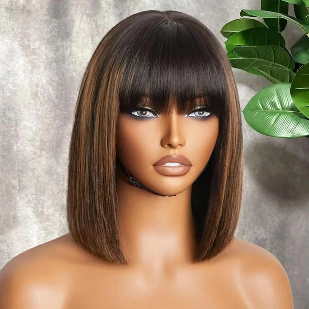 180 Density Highlight Yaki Straight Bob Cut Hair Wig with Bangs, Fashion Wig, Gorgeous Fluffy Wigs for Women, Heatless Styling Tools for Party, Daily Use